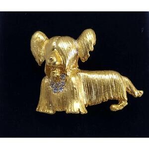 Vintage Gold Plated Yorkie Terrier Dog Brooch with Rhinestone Collar